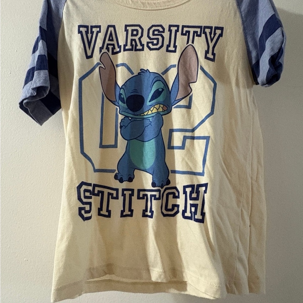 Disney Stitch Varsity Tee - Cream and Blue